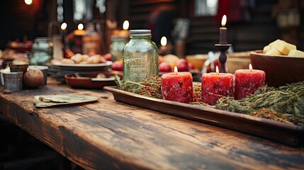 Poster - Vintage Wooden Table and Rustic Kitchen Setting for Artisanal Food Product Presentation and Photography   