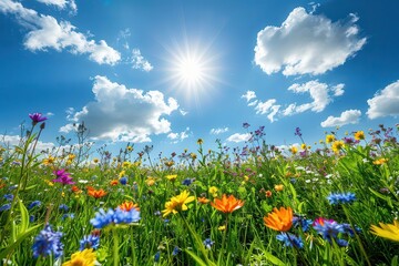 Wall Mural - vibrant spring meadow bursting with colorful wildflowers gentle sunlight filtering through gossamer clouds creating a dreamy pastoral scene