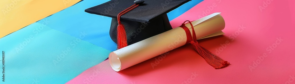 Graduation cap and diploma with red ribbon on colorful background ...