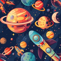 Wall Mural - Fun and Colorful Cartoon Planets and Rockets in a Playful Outer Space Scene