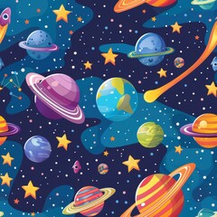 Wall Mural - Whimsical Cartoon Galaxy with Stars and Planets - Colorful Outer Space Exploration in Fun Cartoon Style