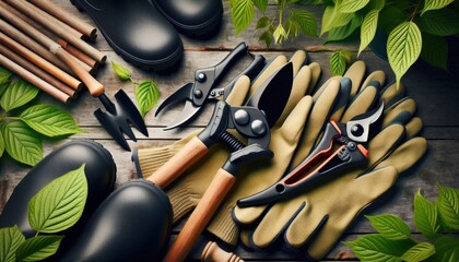 Gardening tools and rubber boots arranged on a wooden background with green leaves.Spring gardening preparation, horticultural essentials.