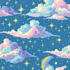 Wall Mural - Dreamy Night Sky with Whimsical Stars and Clouds - Fantasy Universe Background for Design Projects
