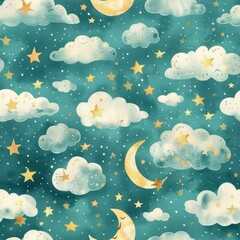 Wall Mural - Enchanting Fantasy Sky with Whimsical Stars and Clouds