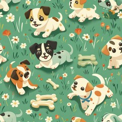 Wall Mural - Joyful Puppies Frolicking with Bones in a Lush Backyard Setting