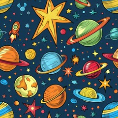 Wall Mural - Galactic Adventures: Colorful Cartoon Stars and Planets in Outer Space