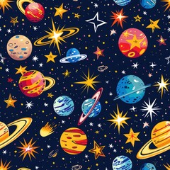 Wall Mural - Magical Cartoon Stars and Planets in Whimsical Space Adventure