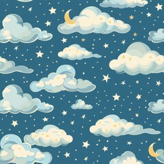 Wall Mural - Enchanting Night Sky with Whimsical Stars and Dreamy Clouds