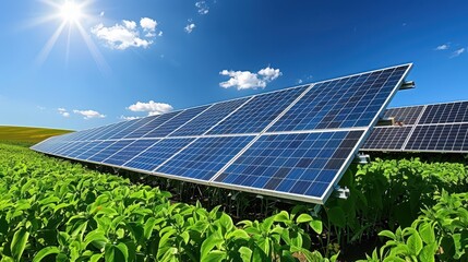 A solar panel farm is shown in a field with a bright sun shining on it. The solar panels are spread out across the field, and the sun is shining brightly on them, providing energy for the farm