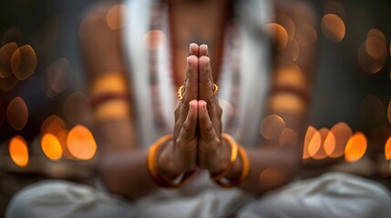 Wall Mural - Praying hands with faith in religion and belief in God on dark background. Power of hope or love and devotion. Namaste or Namaskar hands gesture. Prayer position.