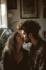 Two young adults at home Romantic moment at home couple