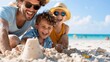 © Pinklife - A father and his two young boys laughing and building sandcastles together on a sunny beach day, showcasing family bonding and the joy of outdoor activities.