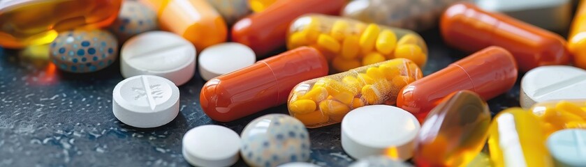 Wall Mural - A bottle of pills is on a wooden table with a bunch of flowers. The pills are in different colors and sizes, and the flowers are scattered around the table. Concept of health and wellness