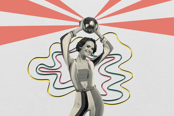 Wall Mural - Collage picture young cheerful woman hold sphere discoball party entertainment weekend friday celebration positive carefree mood disco