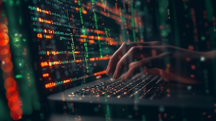 Coding programmer, software engineer working on laptop, digital technology, software development, agile methodology concept.