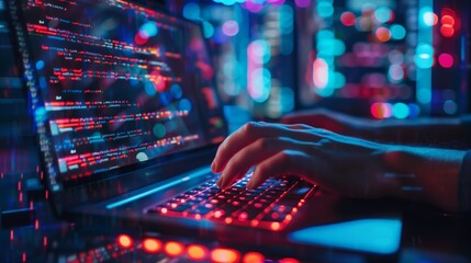 Coding programmer, software engineer working on laptop, digital technology, software development, agile methodology concept.