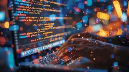 Coding programmer, software engineer working on laptop, digital technology, software development, agile methodology concept.