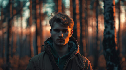 portrait of caucasian man stand in front of forest in the evening