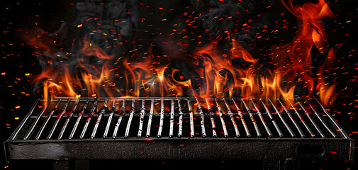 Wall Mural - Hot empty portable barbecue BBQ grill with flaming fire and ember charcoal on black background