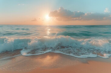 Wall Mural - A Tranquil Sunrise Over A Sandy Beach With Gentle Waves