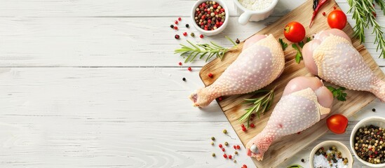 Wall Mural - White wooden table with raw chicken drumsticks and ingredients, perfect for a copy space image