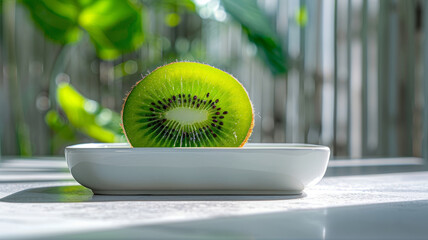 Wall Mural - Closeup of a sliced kiwi on a white dish with a green background.