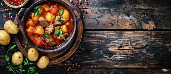 Wall Mural - Top view rustic image of ready-to-eat goulash with potatoes, meat, stewed vegetables, and pork, perfect for a healthy meal or snack outdoors, with copy space available for text.