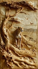 Sticker - Beautiful cheetah 3d relief wallpaper. Mural wallpaper. Wall art. AI generated illustration