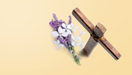 Wall Mural - Wooden cross. Easter attributes concept