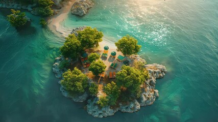Wall Mural - animation secluded island with beach chairs and umbrellas at sunset generated with ai