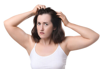 Wall Mural - Woman with hair loss problem on white background