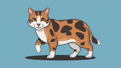 Wall Mural - A cartoon cat with brown spots and white paws standing on a blue background, AI