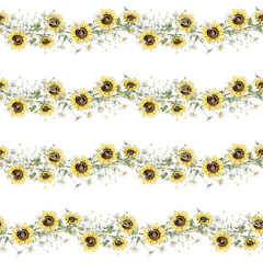 Wall Mural - Watercolor seamless pattern white chamomile and yellow sunflower flowers. Repeat pattern with daisy. Hand drawing floral illustration on isolated background. Composition from summer meadow flowers.