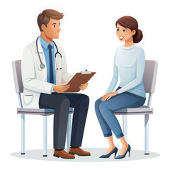 illustration doctor talking to a patient on a white background, drawing, cartoon style, medicine, hospital, clinic, science, treatment, disease, examination, therapist, stethoscope, white coat, people