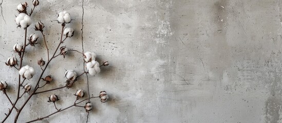 Overhead view of a cotton flower branch against a pale grey cement wall with copy space image, ideal for plant decoration in photos.