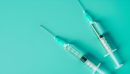 Wall Mural - Injection cosmetology. Two medical syringes on turquoise background, top view