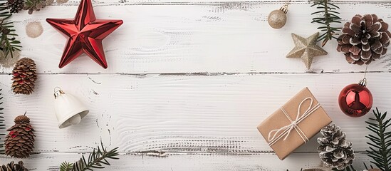 Wall Mural - Top view composition for Christmas and New Year, including a gift box, pine cones, red star, and bell on a white wooden background with copy space image.