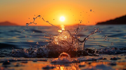 Poster - colorful water splash on the beach during sunrise, with the sun in the background generative ai