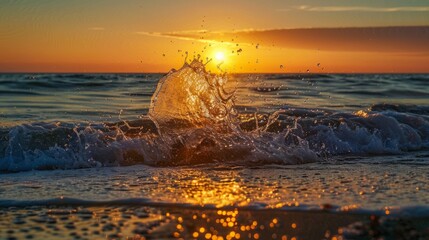 Poster - colorful water splash on the beach during sunrise, with the sun in the background generative ai