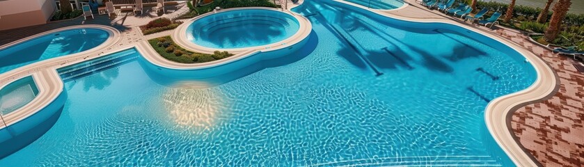 Wall Mural - A pool with a palm tree in the background. The pool is large and has a lot of steps leading up to it. There are people swimming in the pool