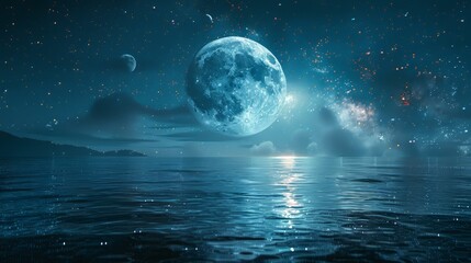 Two moons in the sky, milky way, reflection on water surface, fantasy landscape, minimalist design, space for text, wide angle lens, hyper realistic