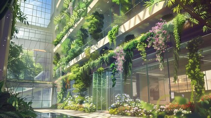 Facade plants in eco-friendly business park with sustainable office buildings in a green environment