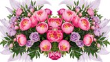 Rich bunch of pink peonies and lilac eustoma roses flowers green leaf fresh spring bouquet