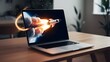 © umitcanc.stock - Digital art of rocket launch laptop display in dimly lit room, capturing dynamic scene with modern vibes