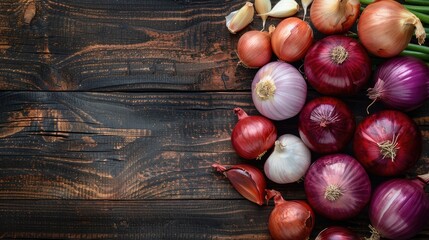 Poster - Home grown red onions and garlic on dark wooden background top view