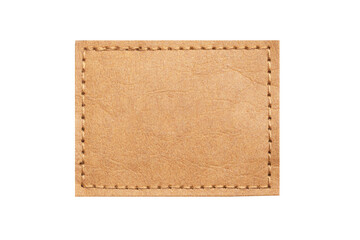 brown leather belt strap closeup isolated on white. brown stitched leather seam frame label tag isol