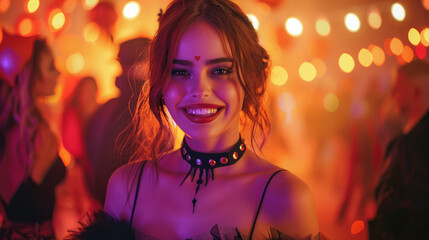 Wall Mural - young beautiful woman at a Halloween party in a vampire costume, witch, girl, nightclub, celebration, October 31, masquerade, people, person, holiday, disco, lady, glamour, fashion, face, black dress