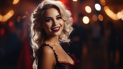 Wall Mural - young beautiful woman at a Halloween party in a vampire costume, witch, girl, nightclub, celebration, October 31, masquerade, people, person, holiday, disco, lady, glamour, fashion, face, black dress