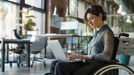 Young woman in wheelchair working on laptop in office. Side view.