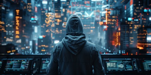 Skilled developer in a gray hoodie overlooking a futuristic cityscape, perfect for tech and cyber themes.
